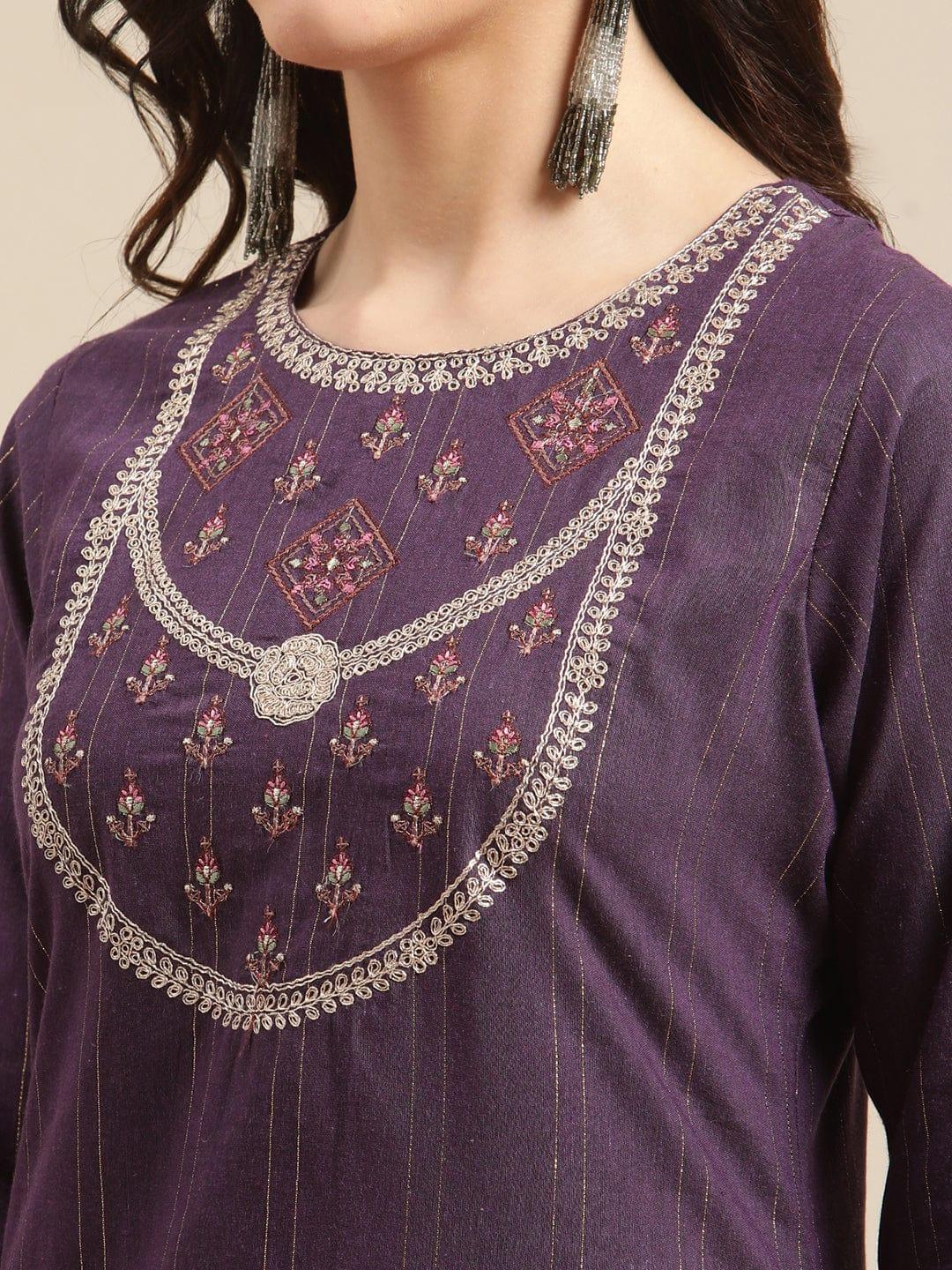 Burgundy Lurex Yoke Embroidery Straight Kurta - Indiakreations