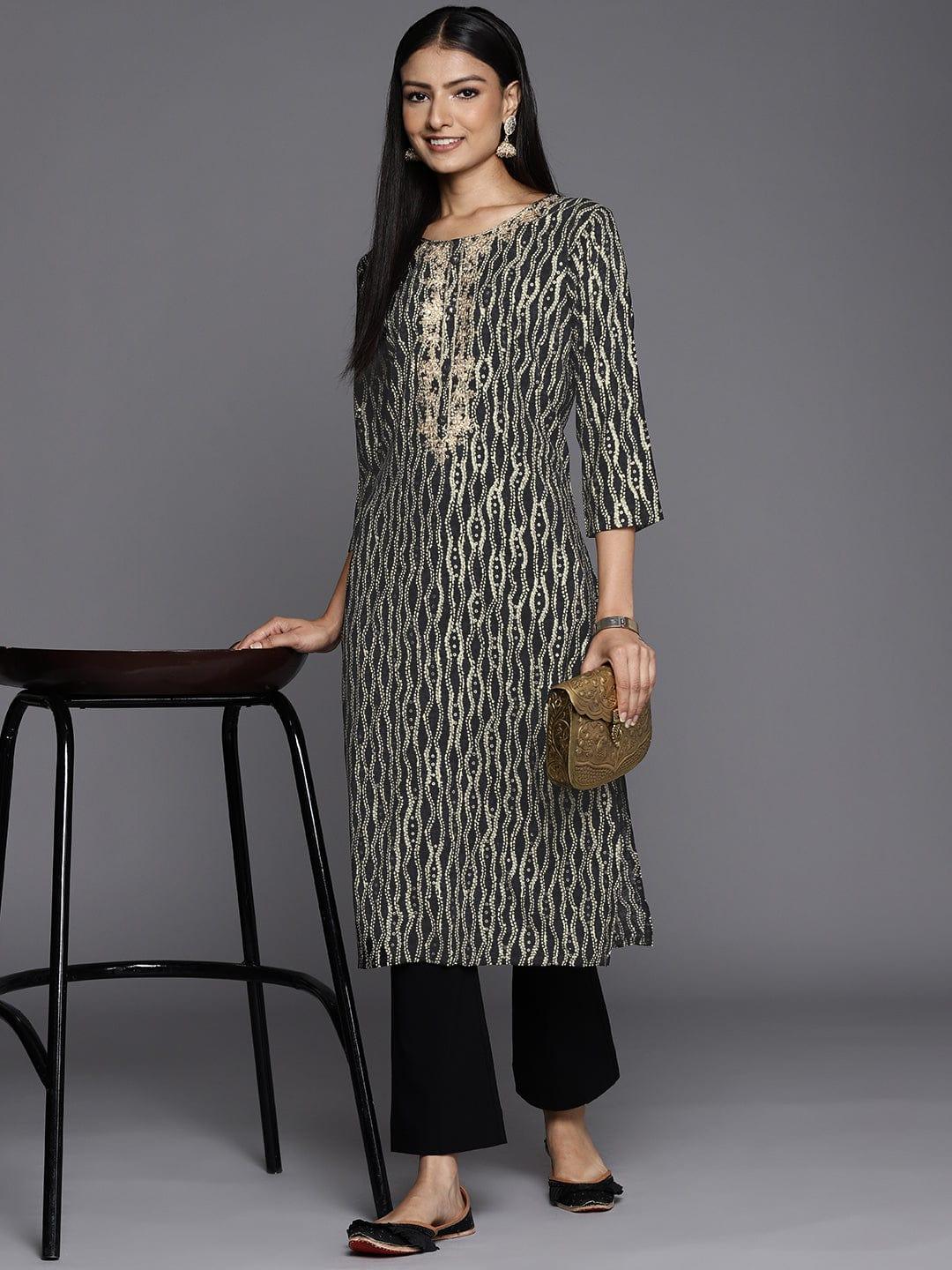 Varanga Women Black & Gold-Toned Floral Gotta Patti Kurta - Indiakreations