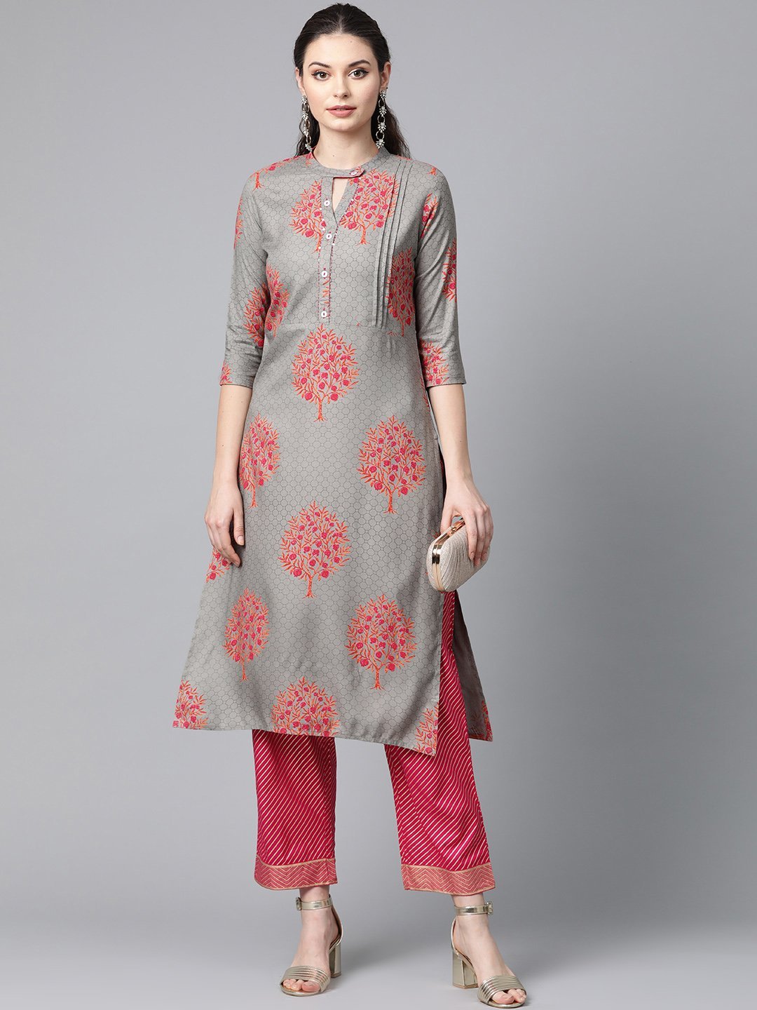 Women's Grey & Pink Kurta with Palazzo set by Anubhutee- (2pcs set)