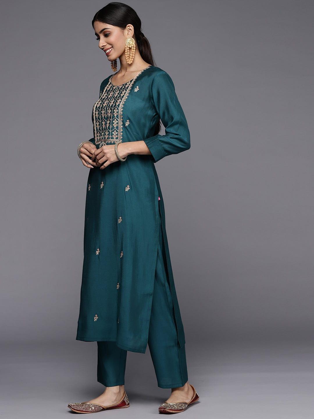 Varanga Women Teal Ethnic Motifs Yoke Design Thread Work Kurta with Trousers & With Dupatta - Indiakreations