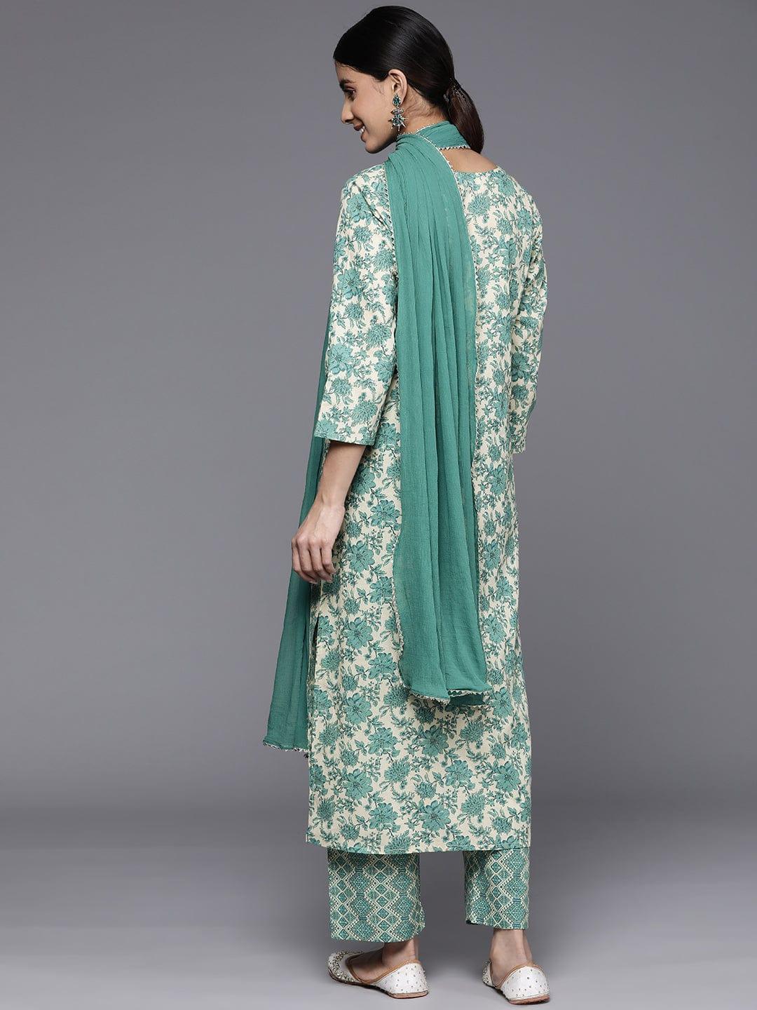 Varanga Floral Printed Gotta Patti Pure Cotton Kurta With Trousers & With Dupatta - Indiakreations