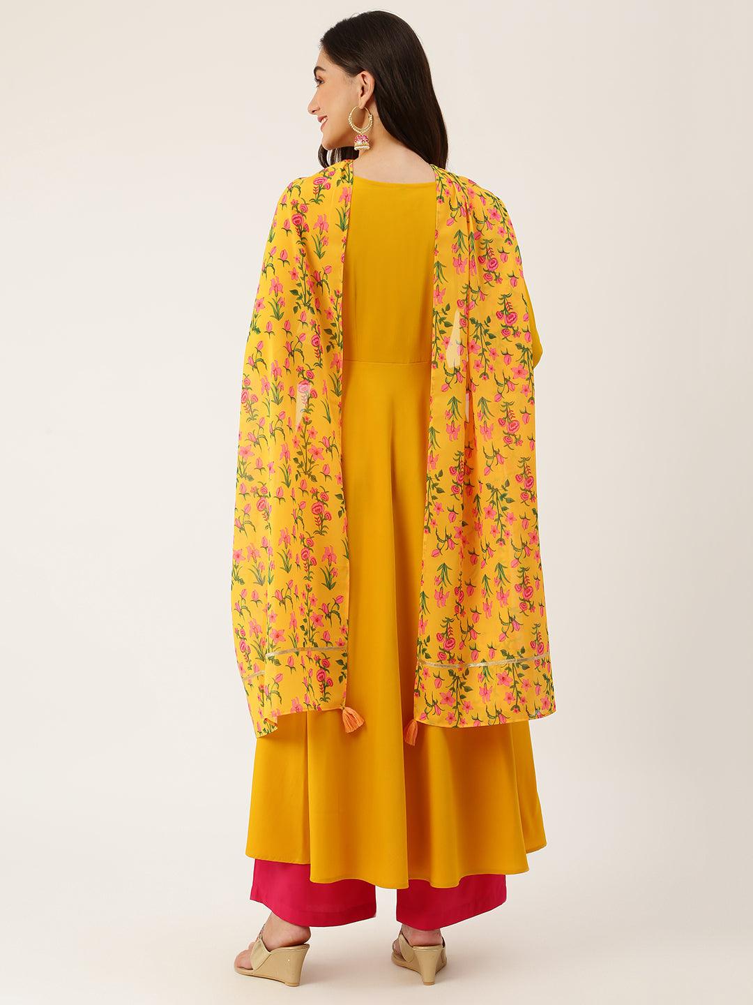 Women's Mustard solid kurta with floral print dupatta.Kurta has round neck - The Fab Factory - Indiakreations