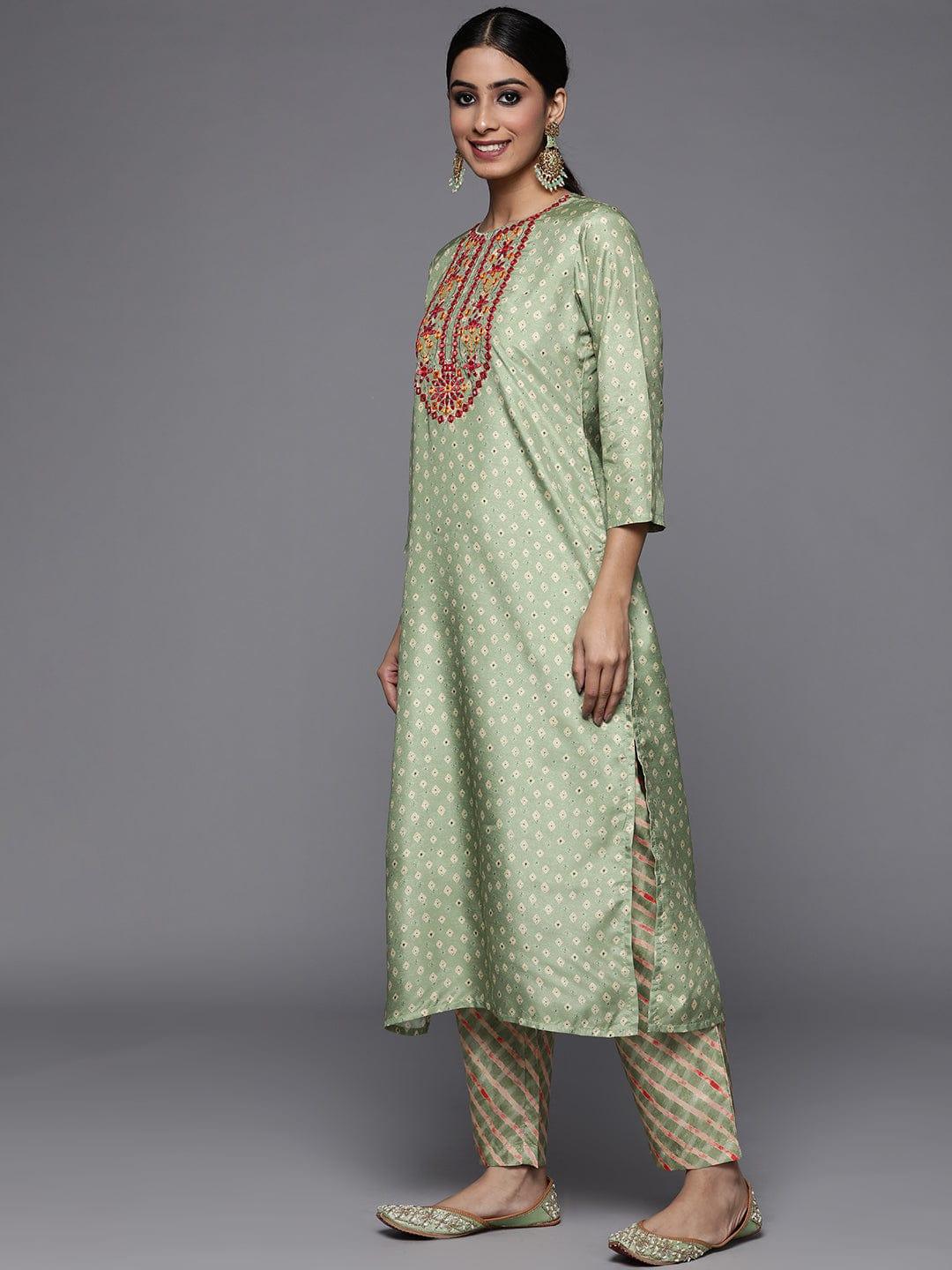 Varanga Women Green Leheriya Embroidered Mirror Work Kurta with Trousers & With Dupatta - Indiakreations