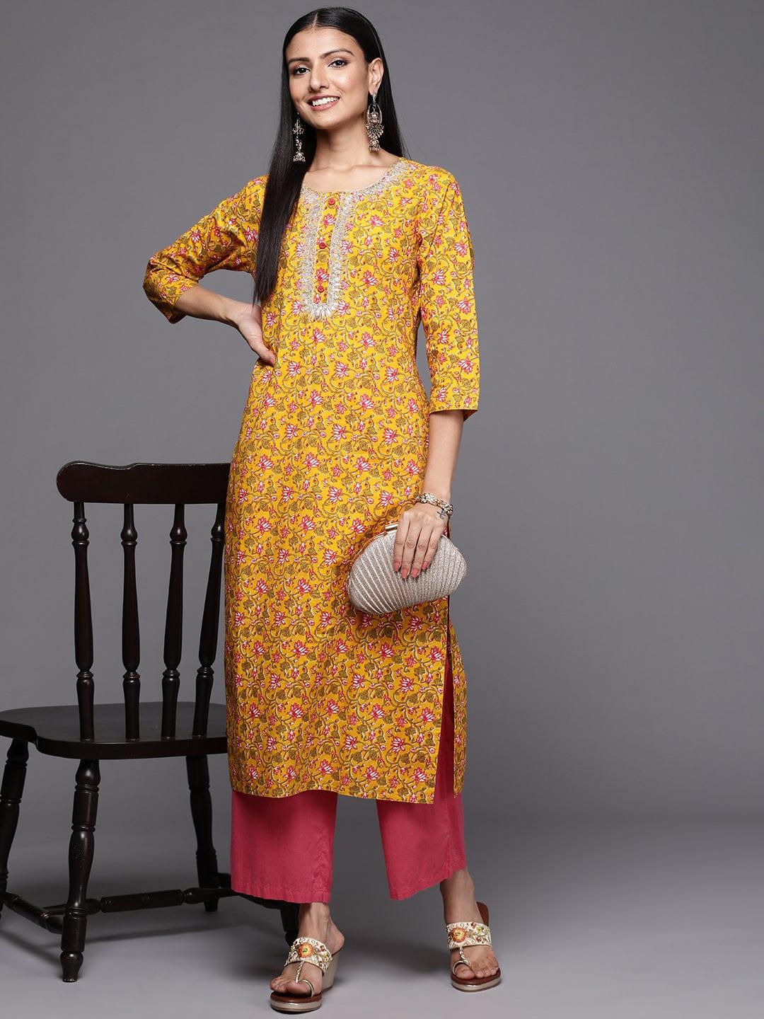 Varanga Women Mustard Yellow & Green Ethnic Motifs Printed Gotta Patti Indie Prints Kurta - Indiakreations