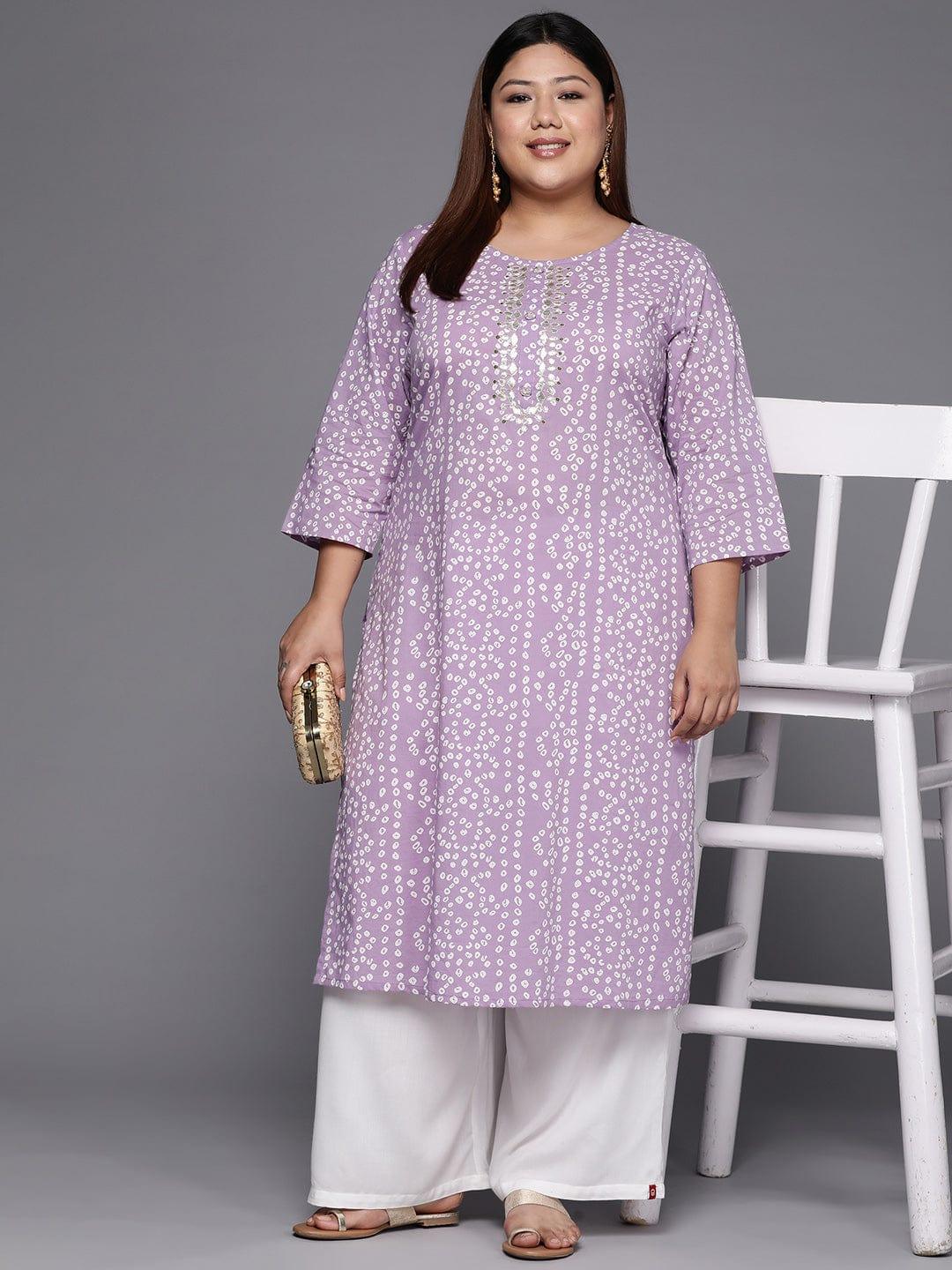 Varanga Women Plus Size Lavender & White Bandhani Printed Gotta Patti Kurta - Indiakreations