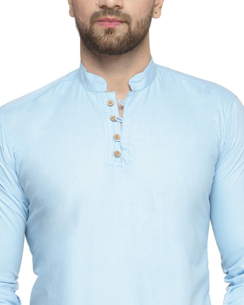 Men's Cotton Blend Sky Blue Asymmetric Short Kurta - Benstoke - Indiakreations