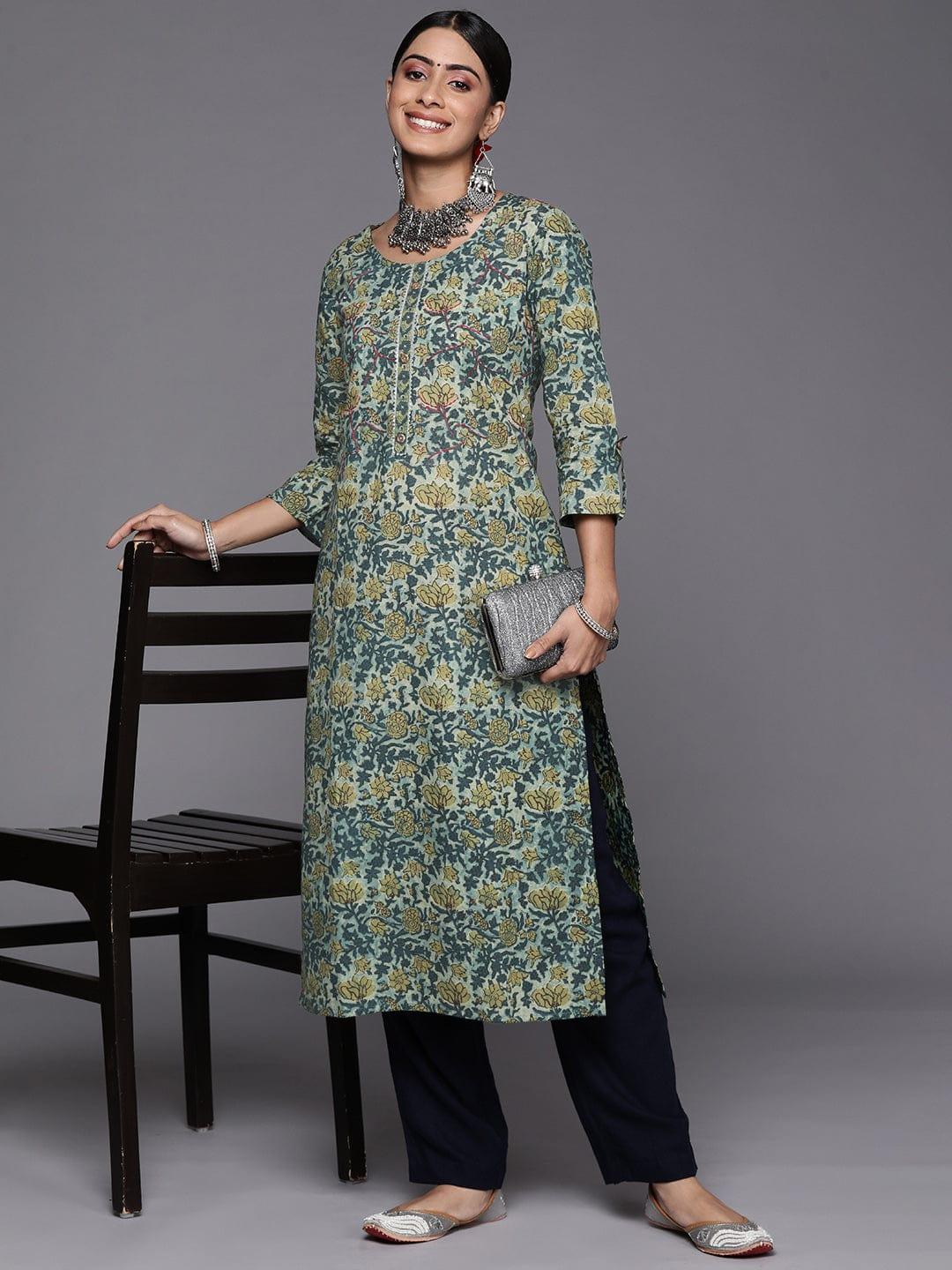 Varanga Women Green & Teal Blue Ethnic Motifs Printed Gotta Patti Kurta - Indiakreations