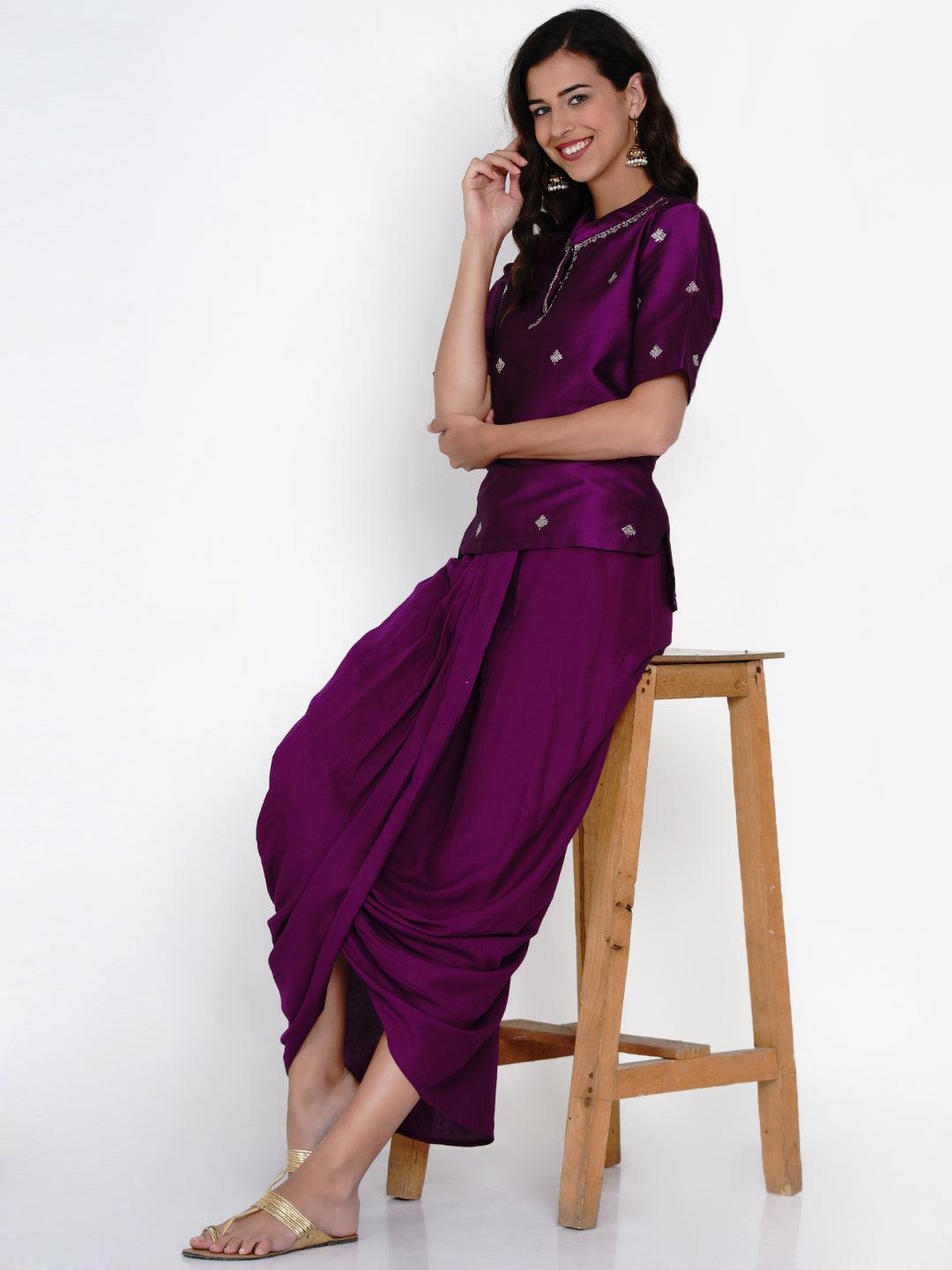 Women's Purple Polyester Embroidered Kurta With Dhoti - Women Republic - Indiakreations