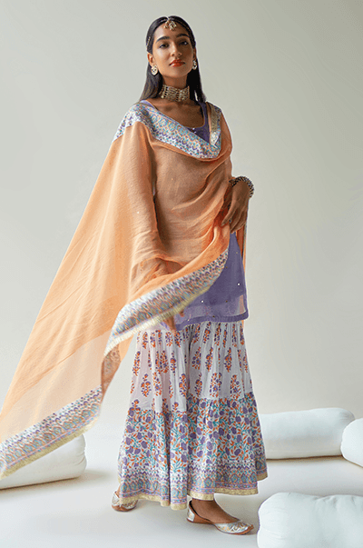 Chaand Lilac Kurta with jaal & booti block printed sharara and Dupatta- Set of 3 RTS - Indiakreations