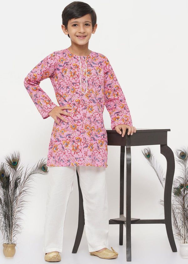 Boy's Cotton Block Print Floral Kurta With Pearl Buttons And Pyjama In Pink And Cream - Little Bansi Boys