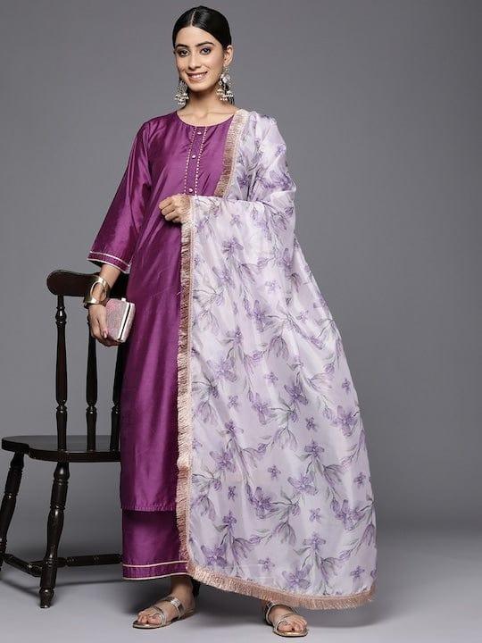 Varanga Women Purple Yoke Design Kurta with Trousers & Dupatta - Indiakreations