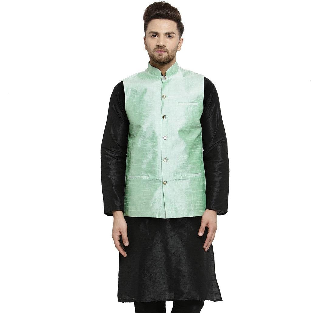 Men's Light Green Solid Nehru Jacket - Benstoke - Indiakreations