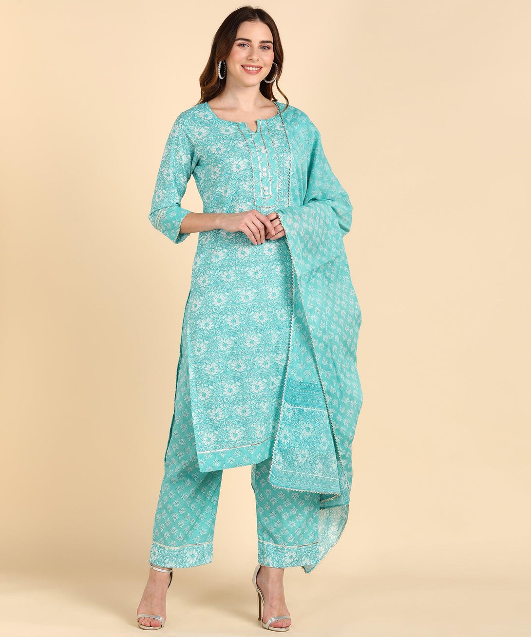 Women's Cotton Turqoise Printed Kurta Pant With Dupatta - Noz2Toz - Indiakreations