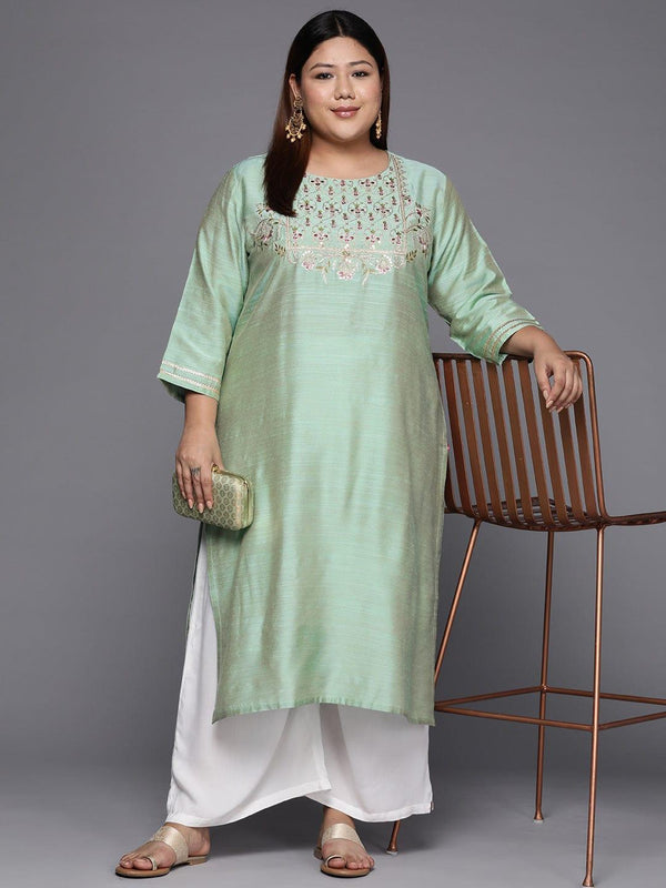 Varanga Women Plus Size Sea Green Floral Embroidered Thread Work Kurta - Indiakreations