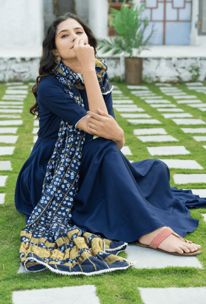 Women's Midnight Blue Kurta Set with Bandej Dupatta - Indiakreations