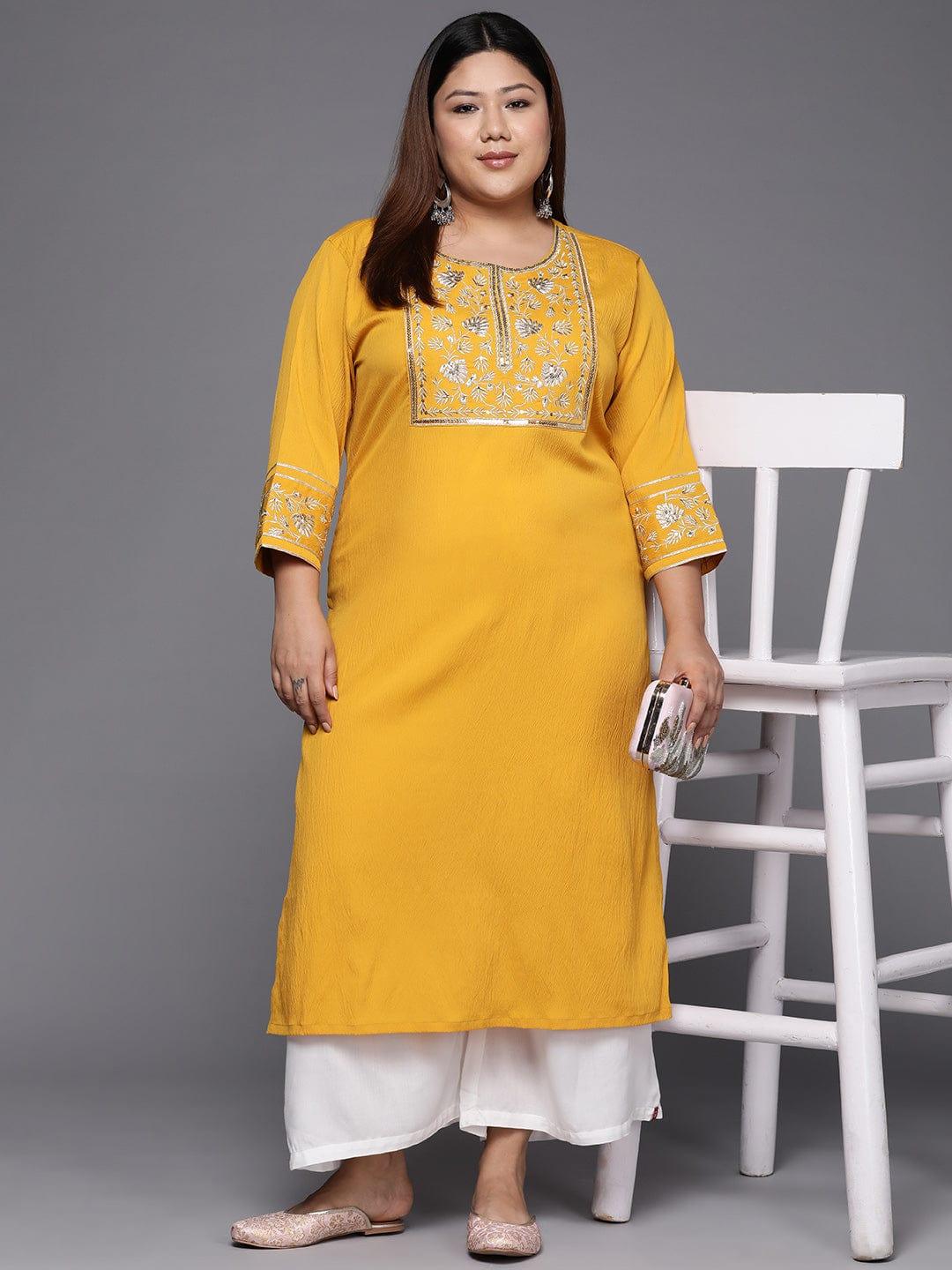 Varanga Women Plus Size Yellow & Gold-Toned Floral Embroidered Crepe Kurta - Indiakreations