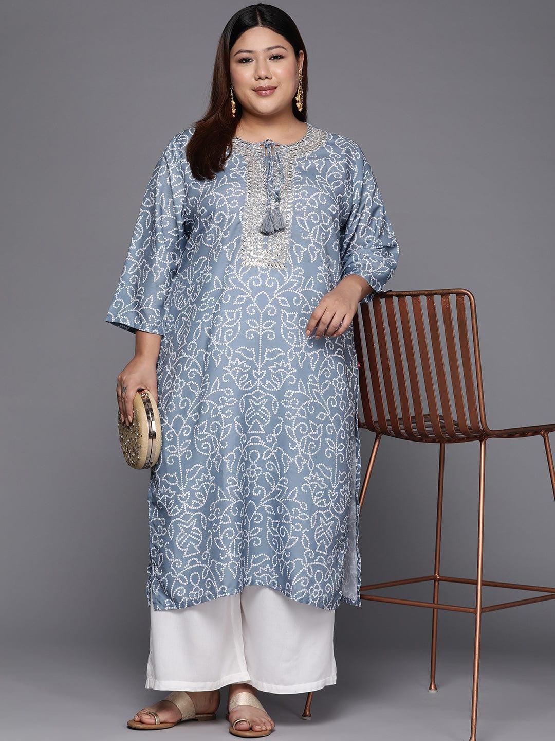 Varanga Women Plus Size Grey & Silver-Toned Bandhani Tie-Up Neck Embroidered Mirror Work Kurta - Indiakreations