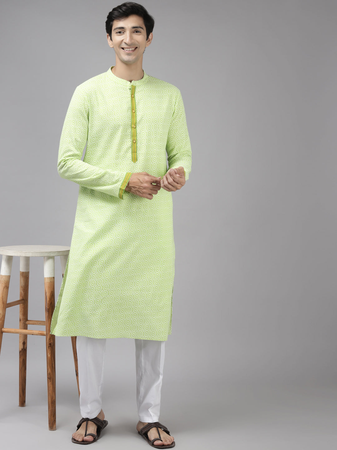 Men's Lime Green & White Printed Pure Cotton Straight Kurta - See Designs