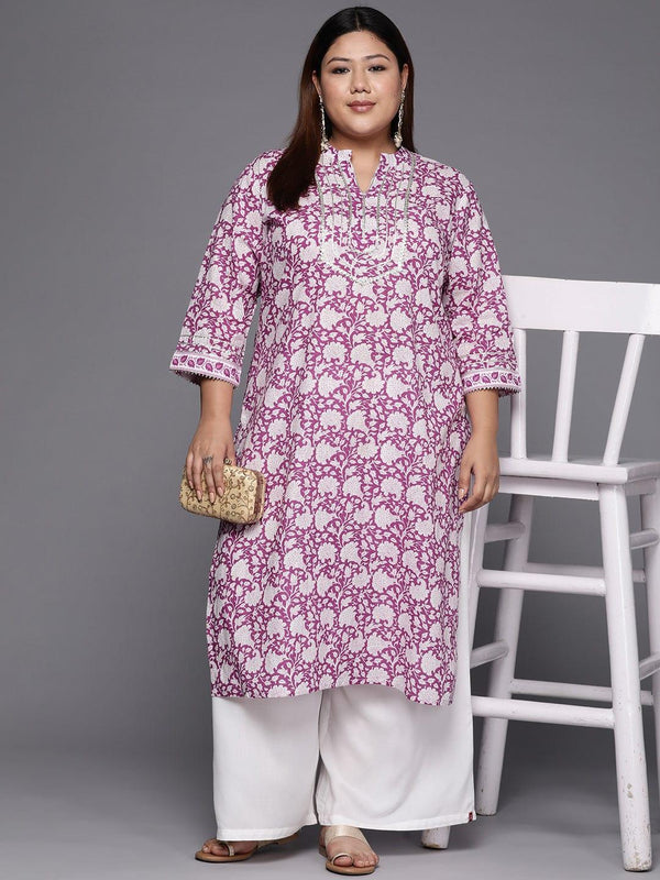 Varanga Women Plus Size Purple & White Floral Embellished Gotta Patti Mandarin Collar Kurta - Indiakreations