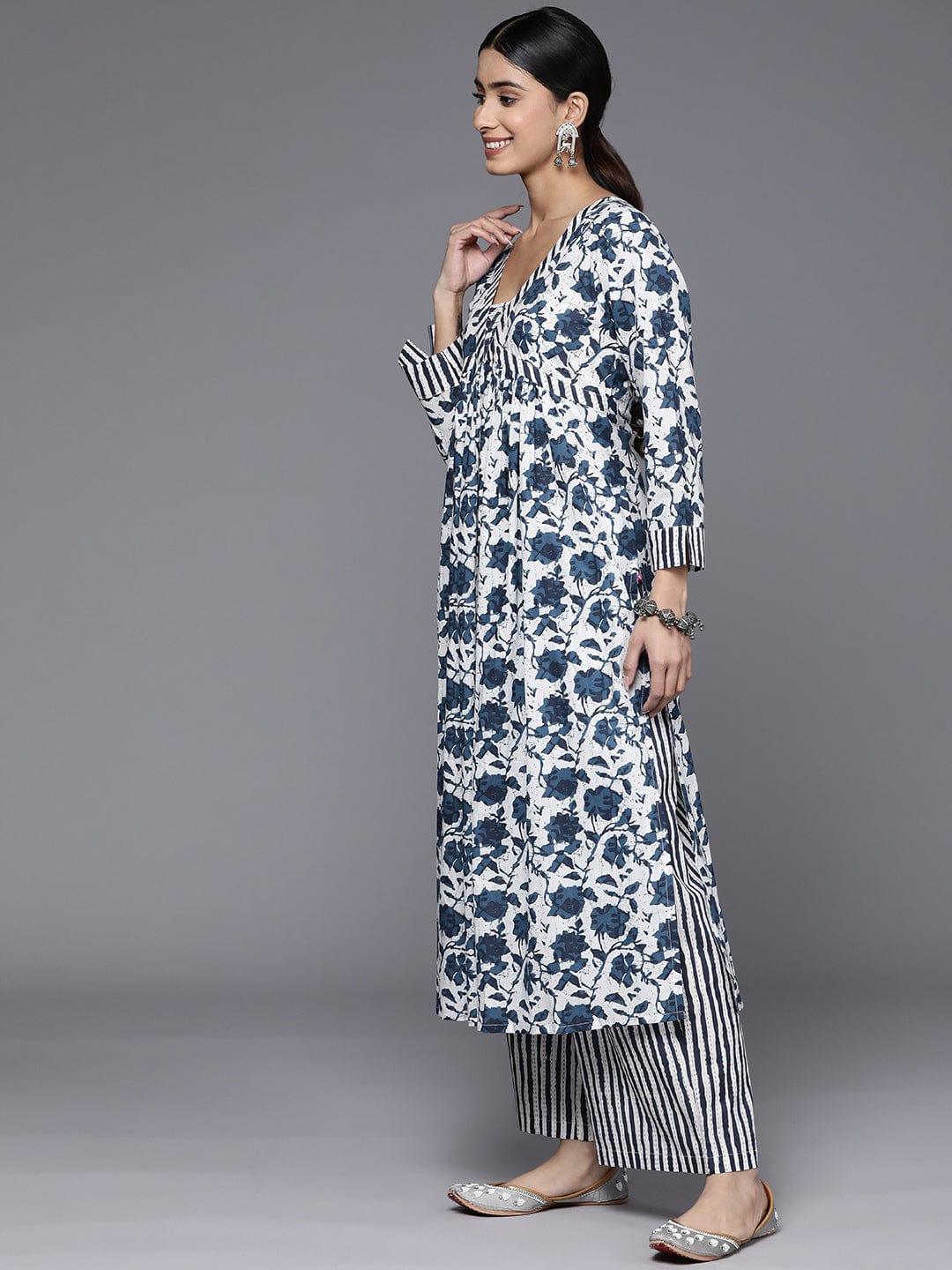 Varanga Floral Printed Kantha Work Pure Cotton Kurta With Palazzos & Dupatta - Indiakreations