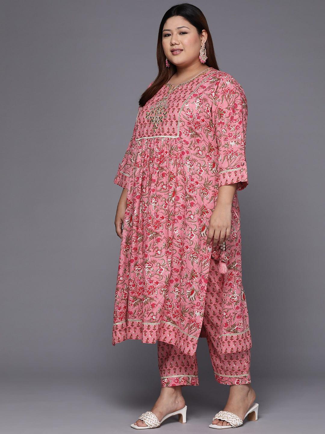 Varanga Women Plus Size Pink Floral Printed Gotta Patti Pure Cotton Kurta with Trousers & Dupatta - Indiakreations