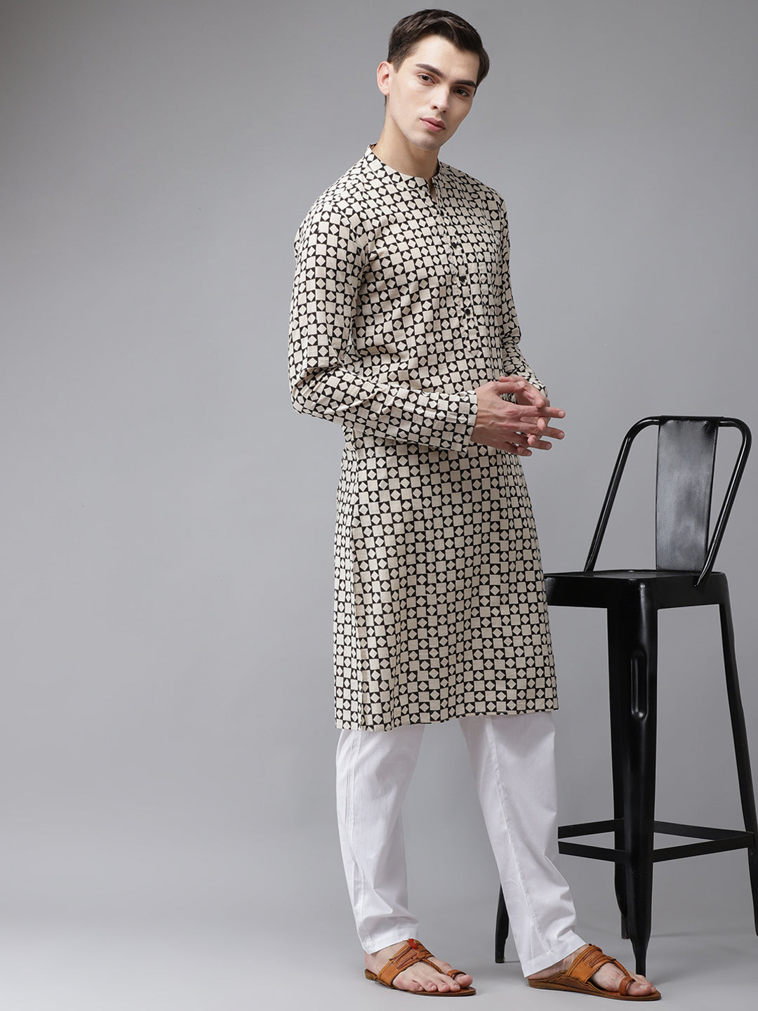 Men's Beige And Black Hand Block Print Sustainable Straight Kurta - See Designs