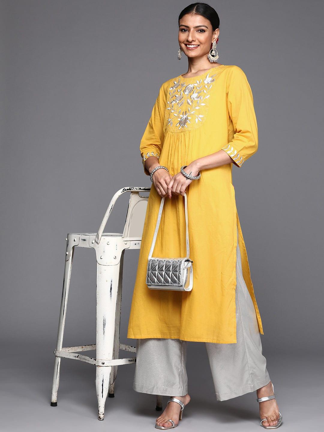 Varanga Women Mustard Yellow & White Yoke Embroidered Zari Cotton Straight Kurta - Indiakreations