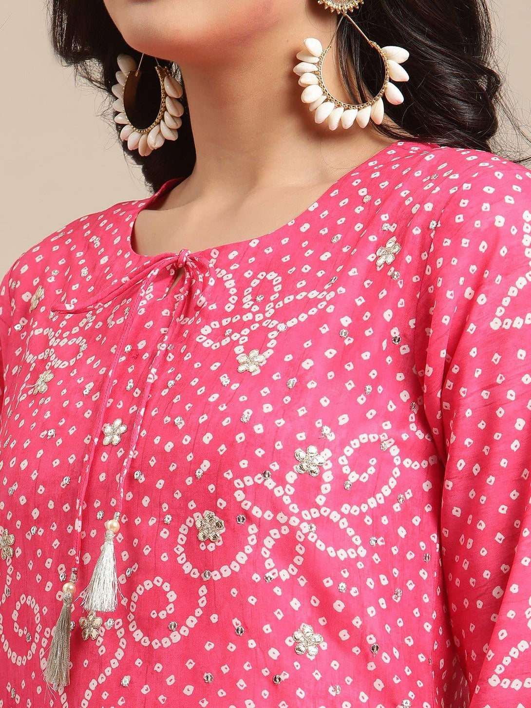 Pink Silk Bandhej Printed Gota Patti Embellished Kurta - Indiakreations