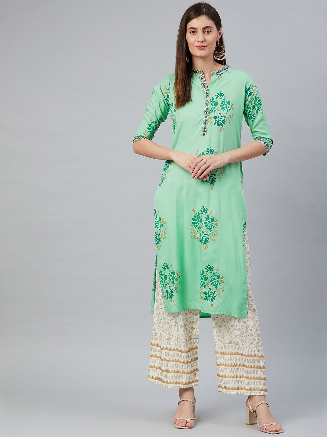 Women's Lime Green Printed Kurta with Palazzo - Anubhutee