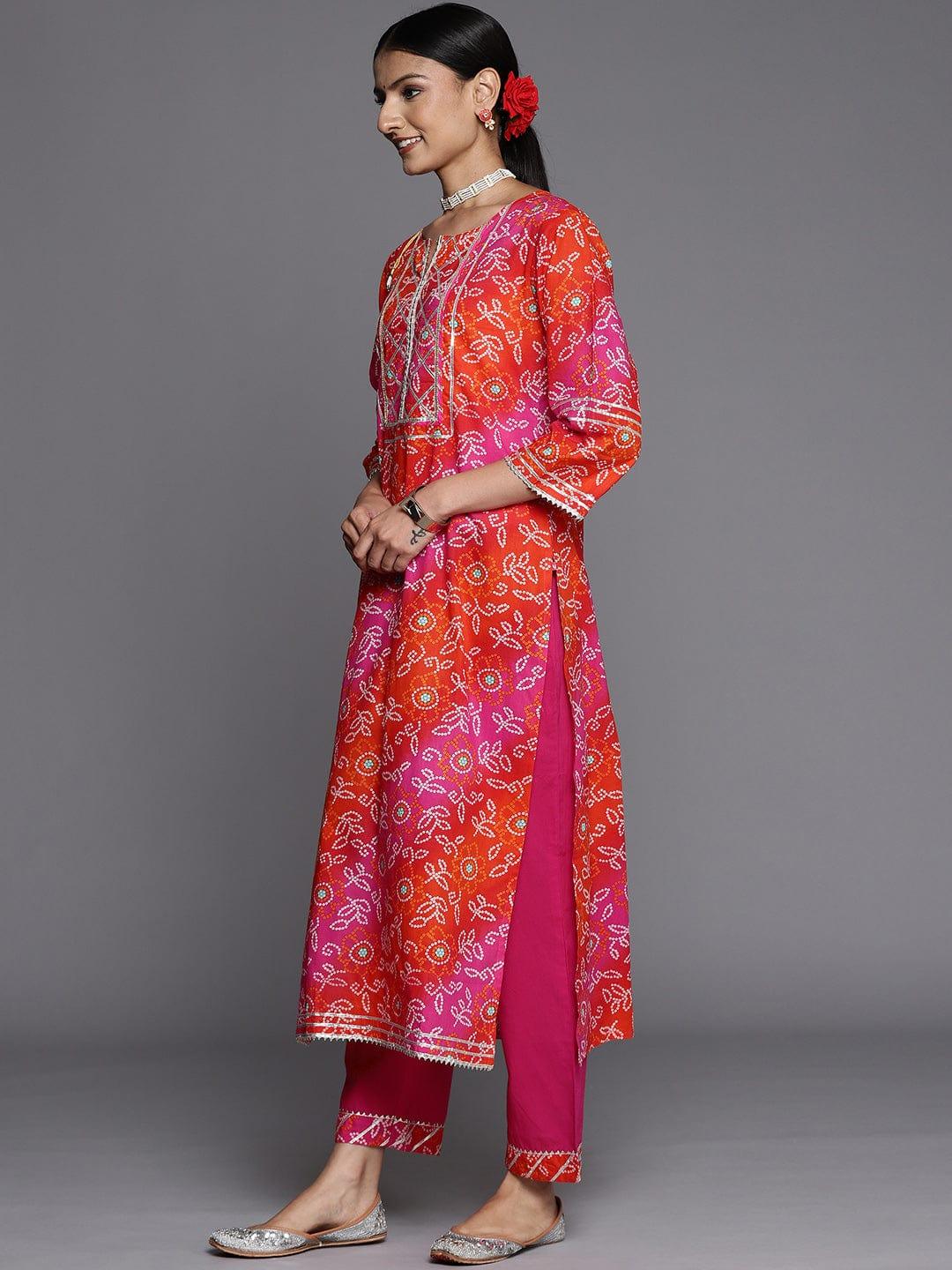 Varanga Women Pink Bandhani Printed Gotta Patti Pure Cotton Kurta with Trousers & With Dupatta - Indiakreations