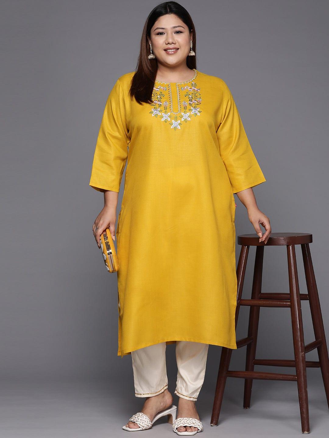 Varanga Women Plus Size Mustard Yellow Floral Embroidered Thread Work Floral Kurta - Indiakreations