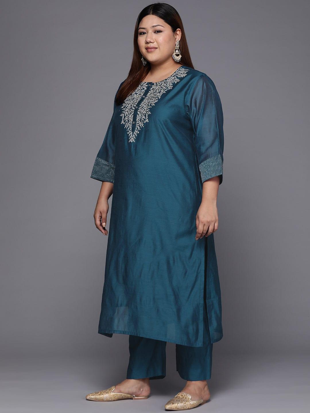 Varanga Women Plus Size Teal Blue Yoke Design Chanderi Silk Kurta with Trousers & Dupatta - Indiakreations