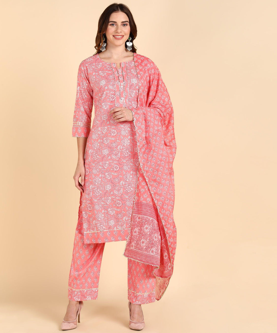 Women's Cotton Peachprinted Kurta Pant With Dupatta - Noz2Toz - Indiakreations