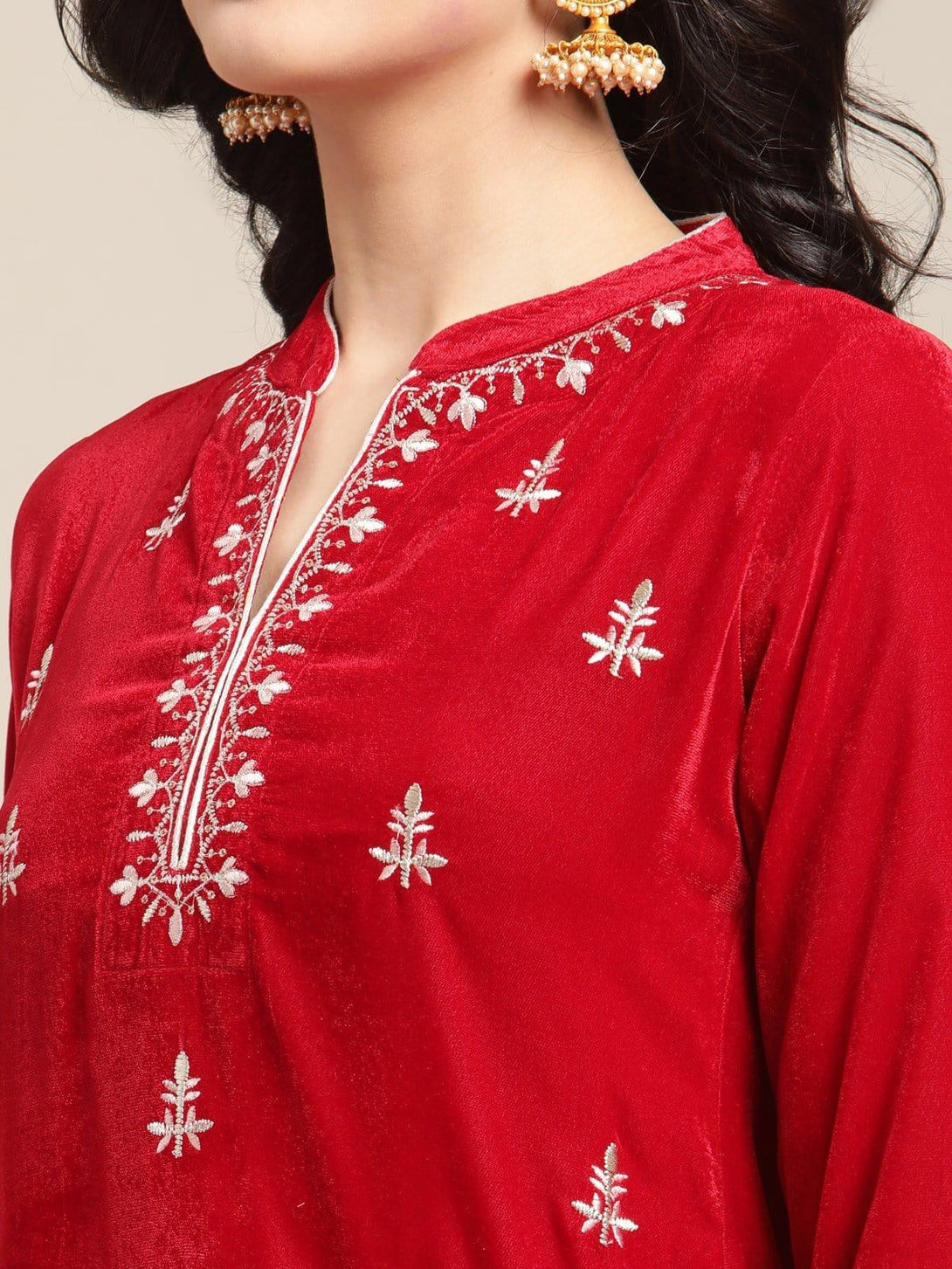 Red Embroidred Velvet Kurta Paired With Brocade Trouser - Indiakreations