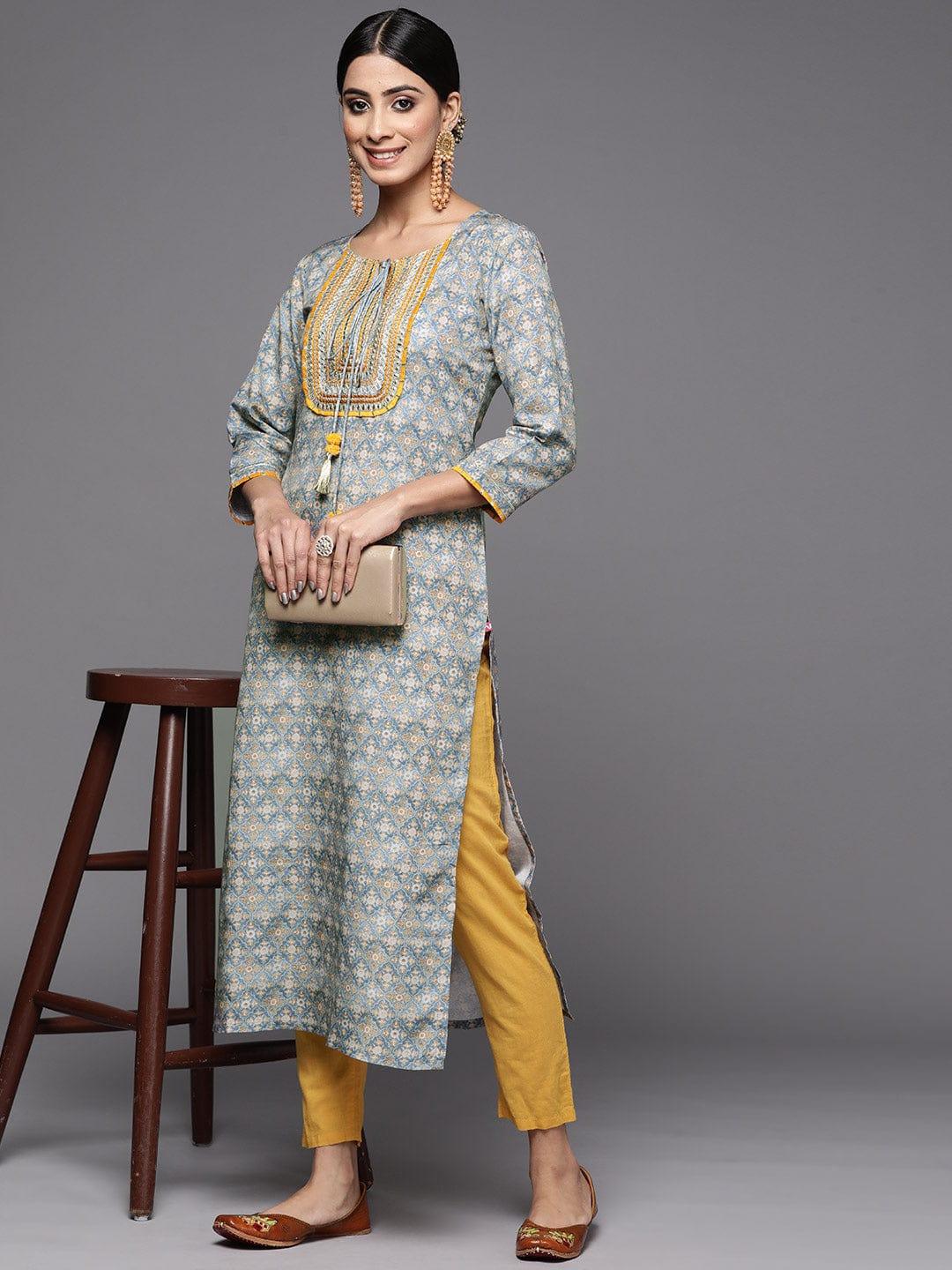 Varanga Women Grey & Mustard Yellow Ethnic Motifs Printed Thread Work Kurta - Indiakreations