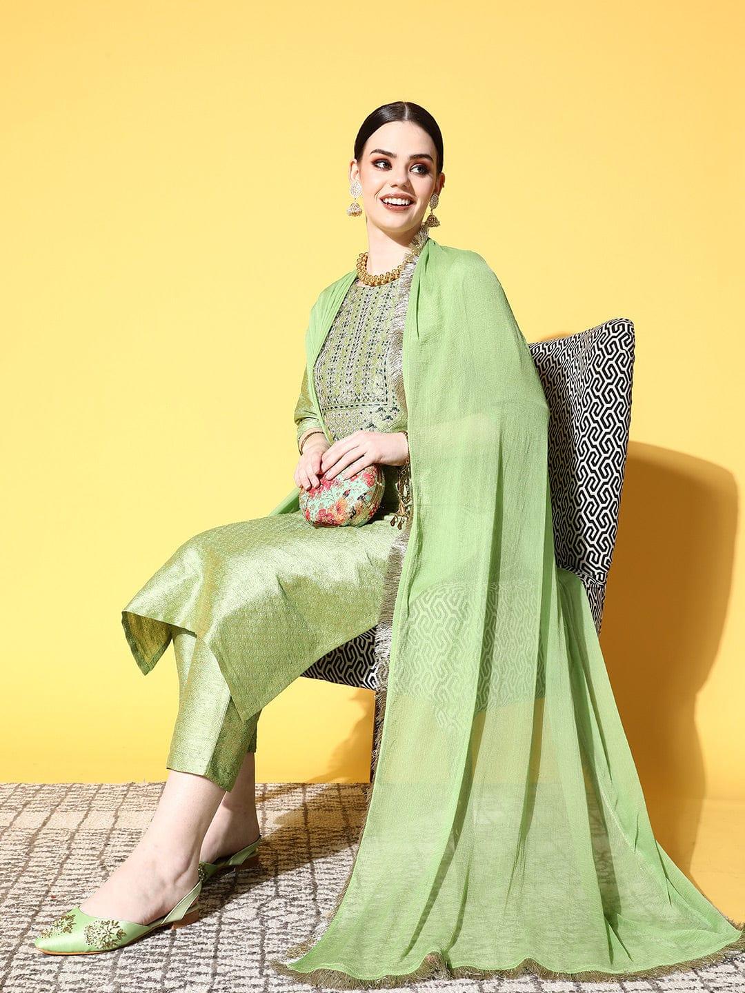 Varanga Women Green Ethnic Motifs Gotta Patti Kurta with Trousers & With Dupatta - Indiakreations