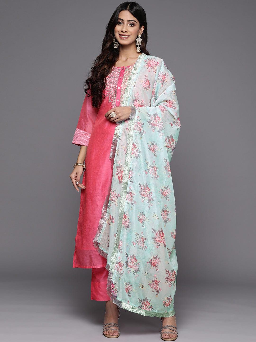 Varanga Women Pink Yoke Design Sequinned Chanderi Silk Kurta with Palazzos & With Dupatta - Indiakreations