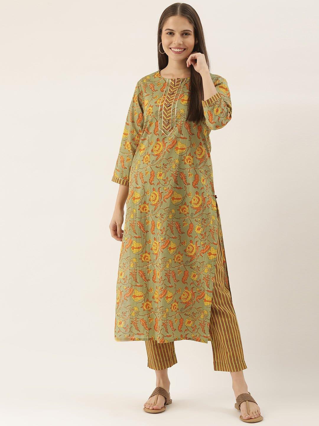 KSUT KSUT Olive And Yellow Floral Printed Kurta Trouser Set. - Indiakreations