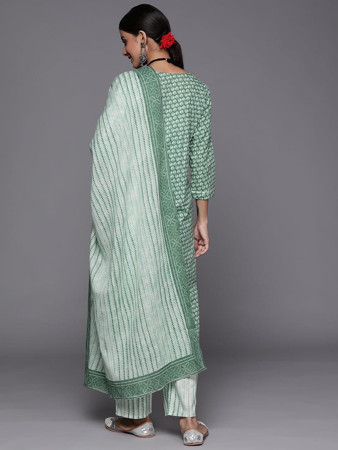 Varanga Women Green Floral Printed Pure Cotton Kurta with Trousers & With Dupatta - Indiakreations