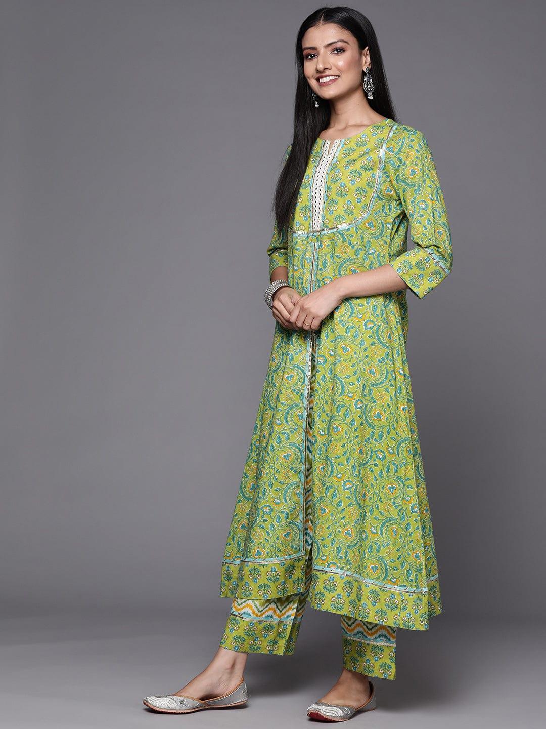 Varanga Women Green Floral Printed High Slit Mirror Work Pure Cotton Kurta with Palazzos & With Dupatta - Indiakreations