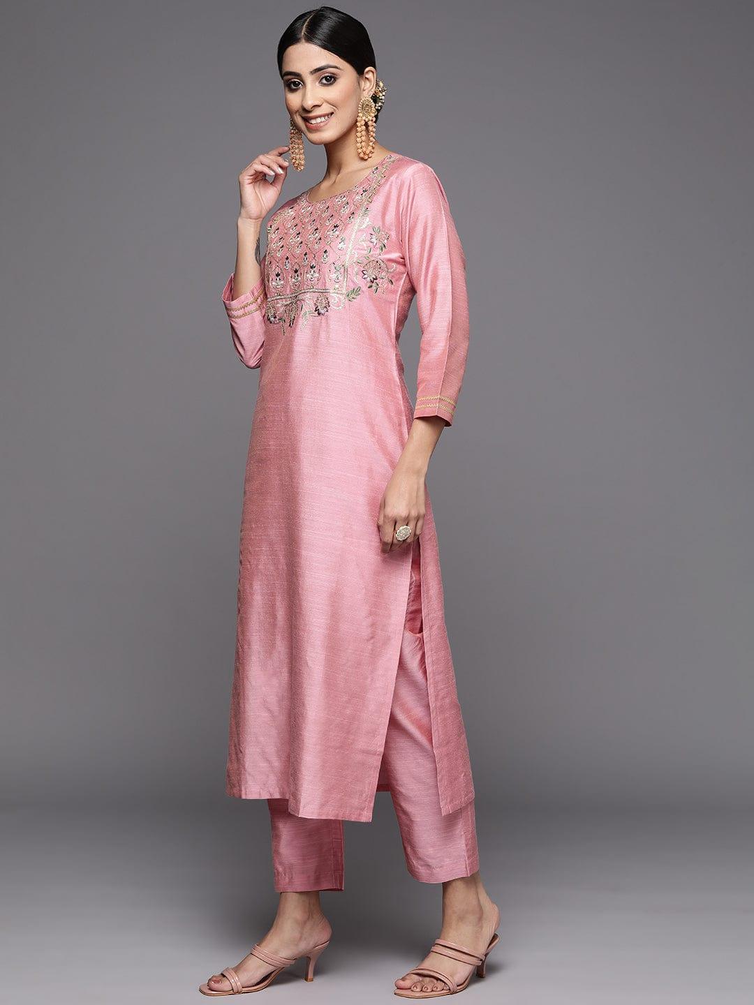 Varanga Women Pink Ethnic Motifs Embroidered Dupion Silk Kurta with Palazzos & With Dupatta - Indiakreations