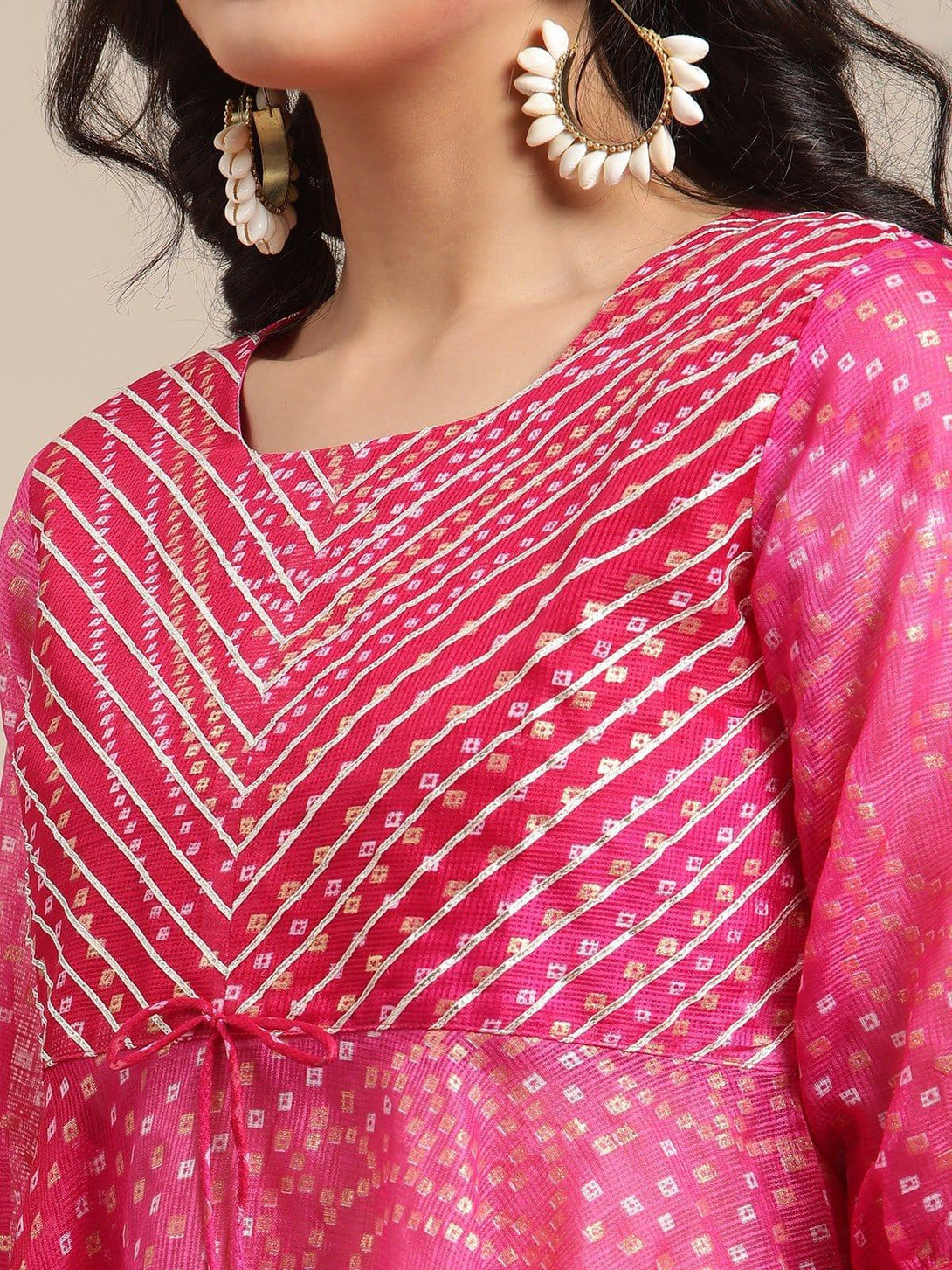 Pink Bandhej Flared Kurta Sharara Set With Gota Embellished On Yoke - Indiakreations