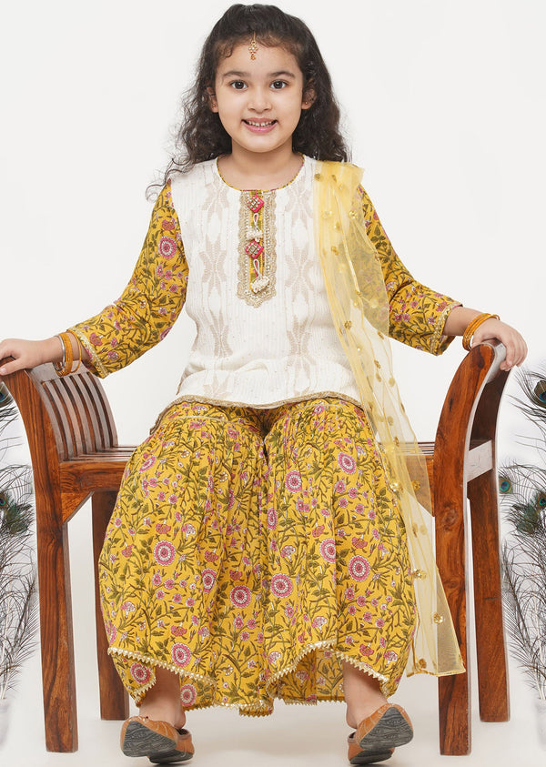 Girl's Cotton Taj Embroidery Kurta With Tussel Work And Floral Sharara With Dupatta - White And Yellow - Little Bansi Girls