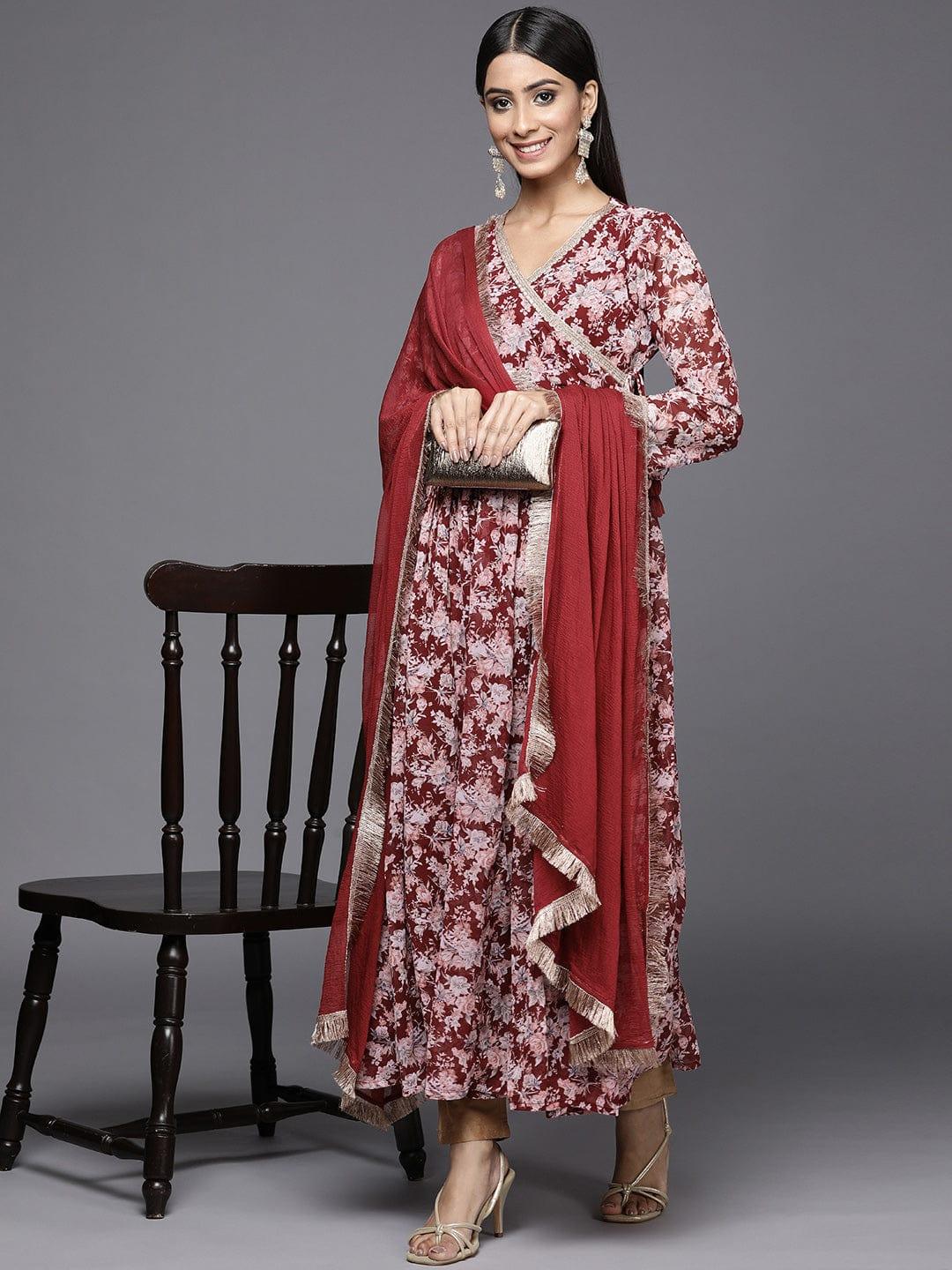 angrakha style georgette printed anarkali kurta paired with chiffon dupatta - Indiakreations