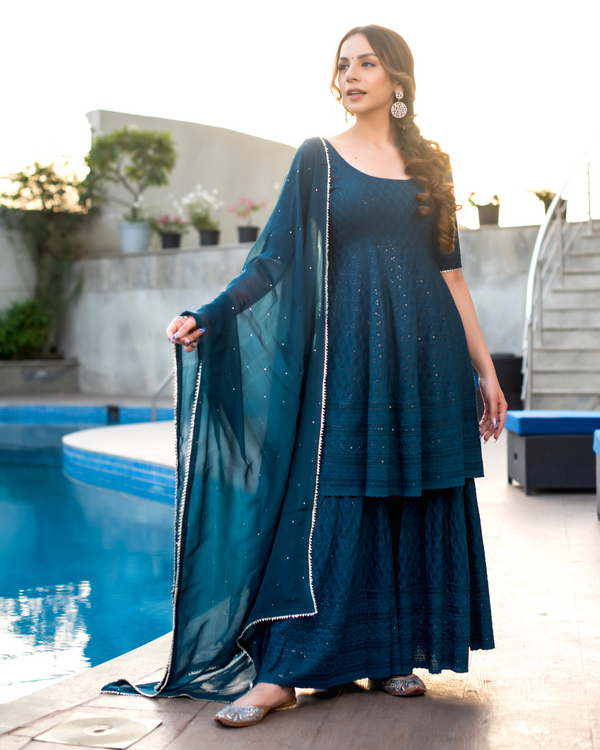 Turquish Blue Embroidered Sharara Set | Relove