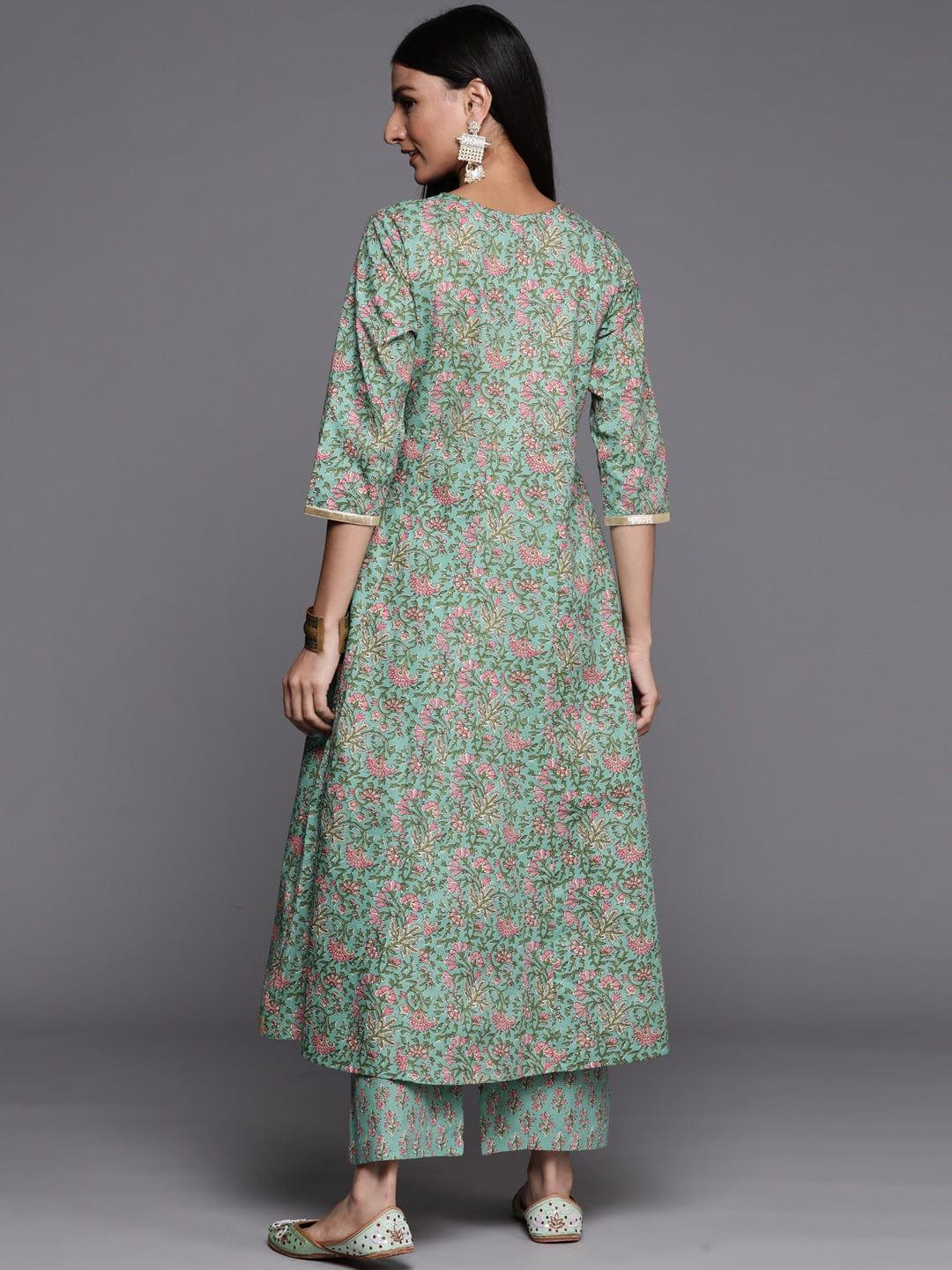 Varanga green floral printed anarkali kurta paired with straight palazzo - Indiakreations