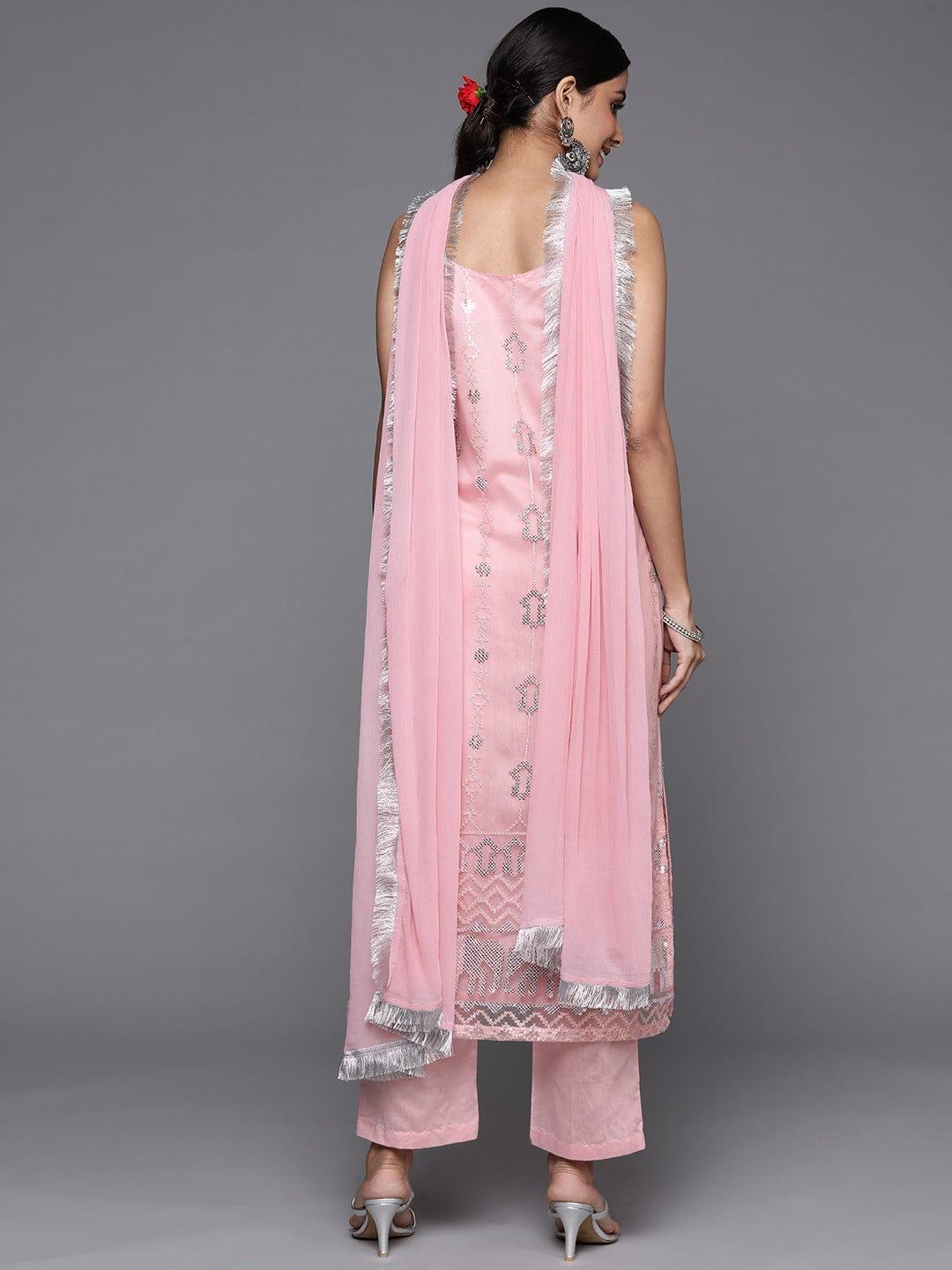 Varanga pink net embroidered strap style kurta paired with tonal bottom and dupatta - Indiakreations