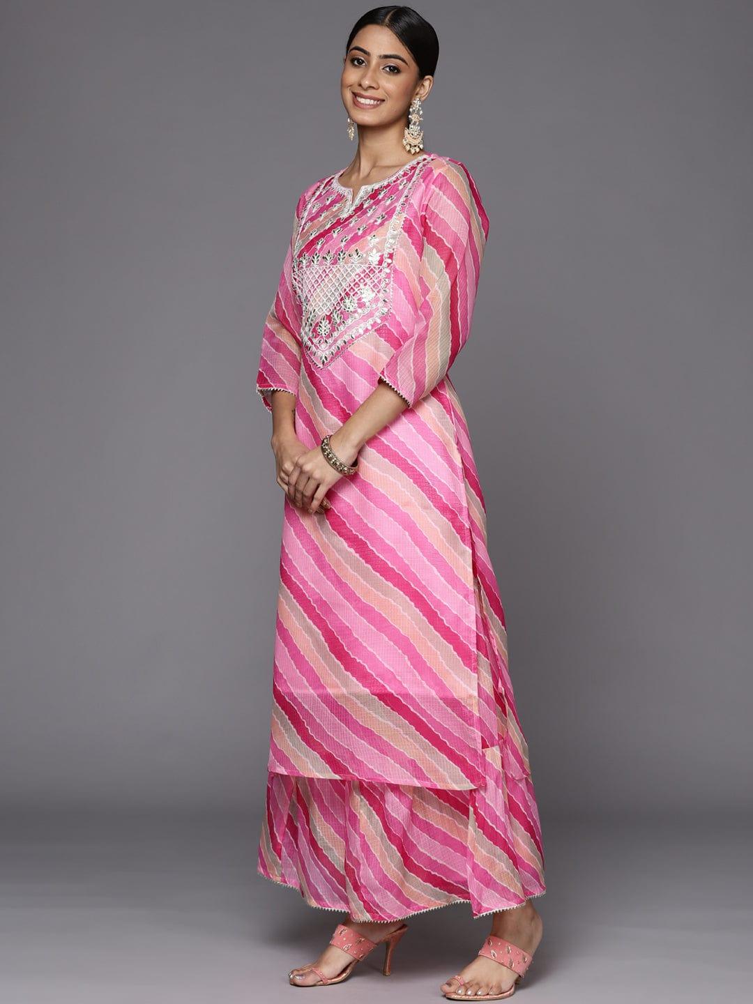 Varanga Women Pink Leheriya Printed Gotta Patti Chanderi Cotton Kurta with Sharara & With Dupatta - Indiakreations