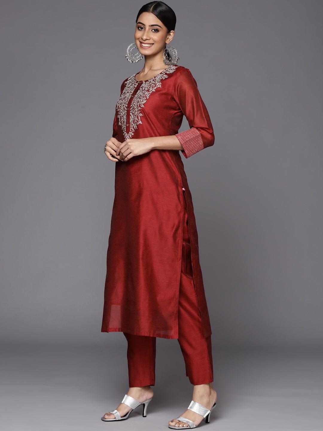 Varanga red embroidered kurta with tonal trouser and printed dupattta - Indiakreations