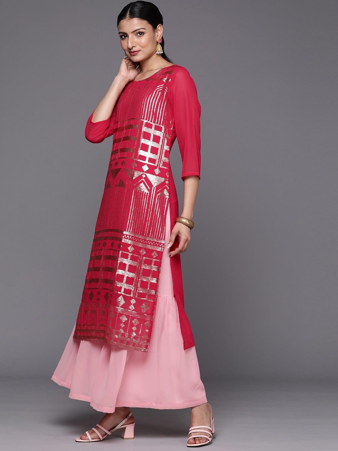 Varanga Women Embroidered Sequinned Silk Georgette Kurta with Sharara & With Dupatta - Indiakreations